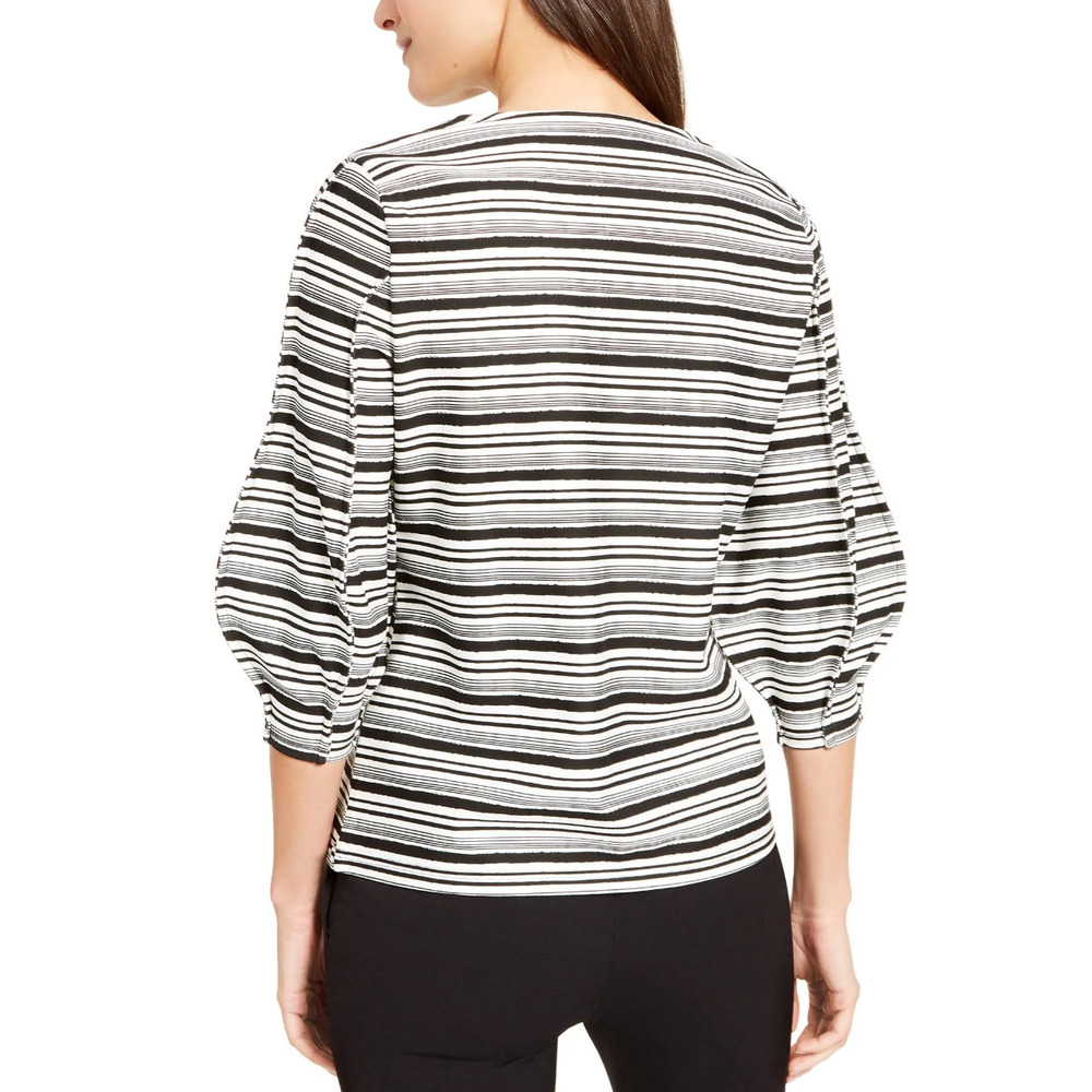 AlfaniTunic Blouse Raw Edge Bubble 3/4 Sleeve Black and Cream Striped - Picture 2 of 8